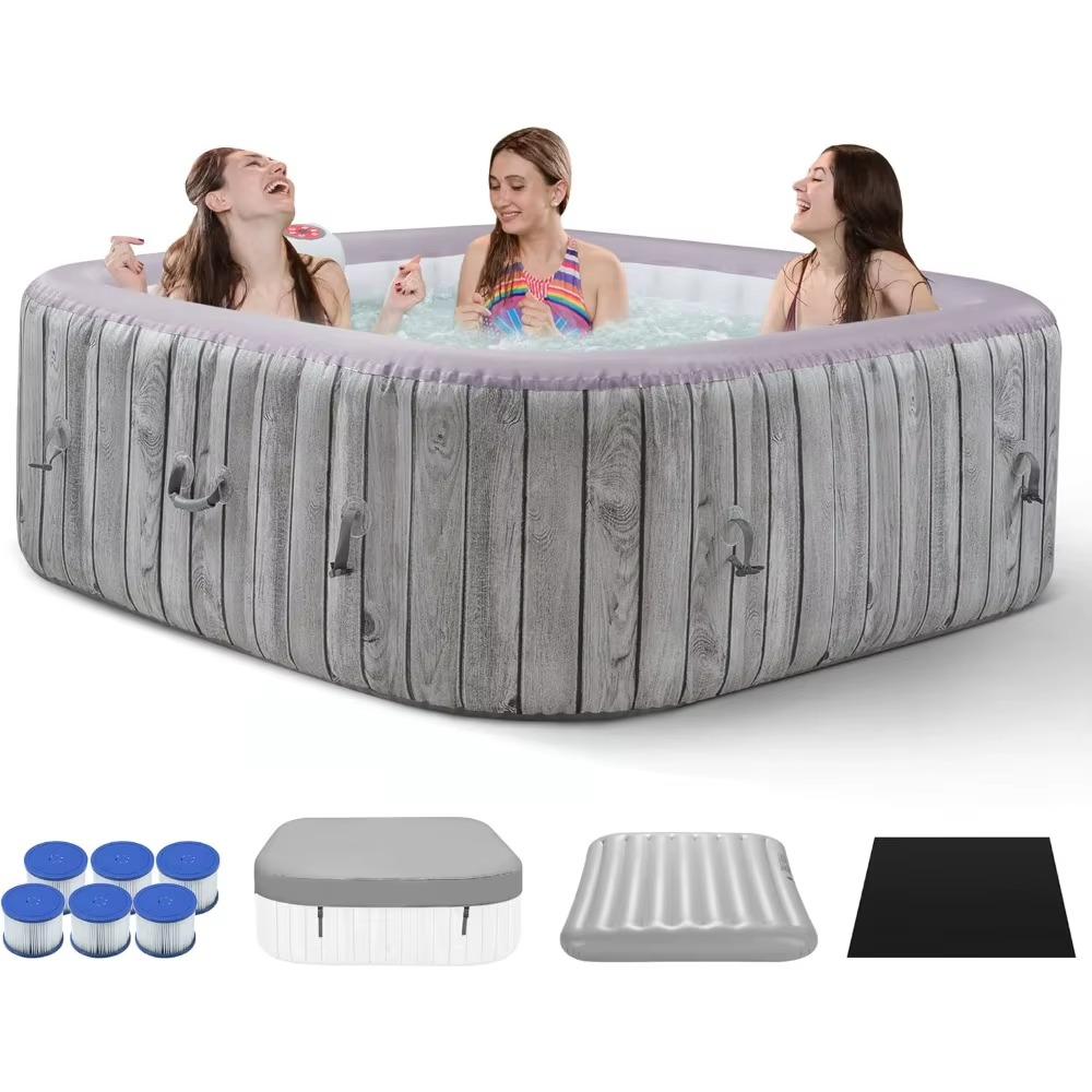 Magazaw portable inflatable hot tub featuring three women enjoying relaxation and drinks in warm water