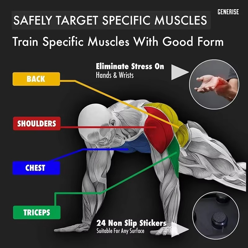Magazaw portable push up board highlighting specific muscle targets with colorful labels