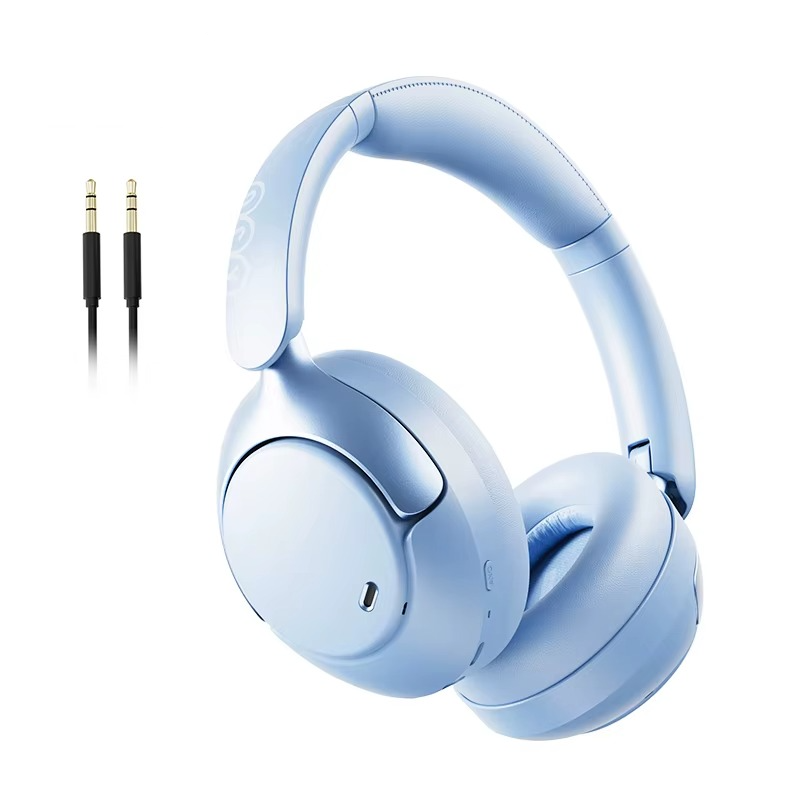 QCY H3 Pro ANC headphones in light blue with adjustable headband and audio cable