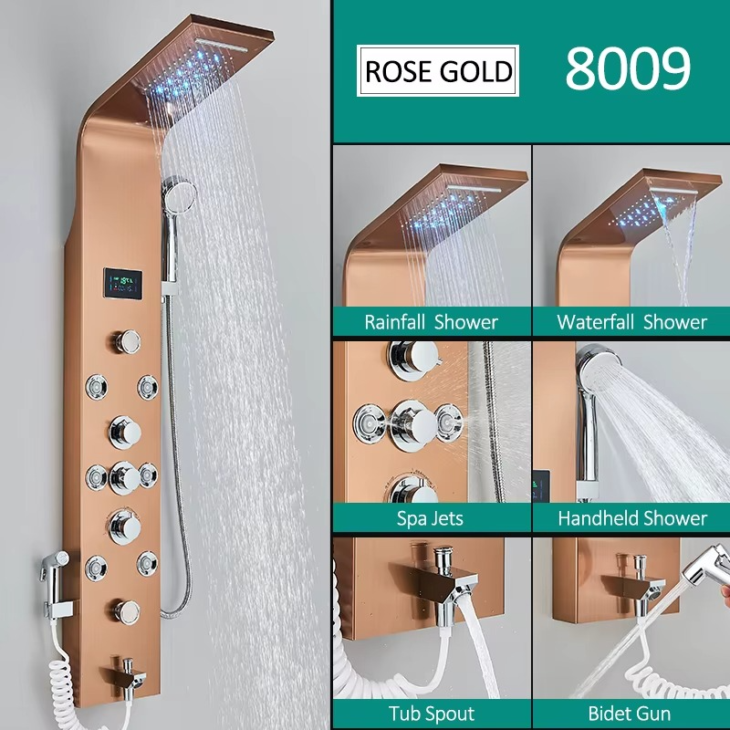 Magazaw rainfall massage shower system in rose gold with multiple spray options including rainfall and waterfall