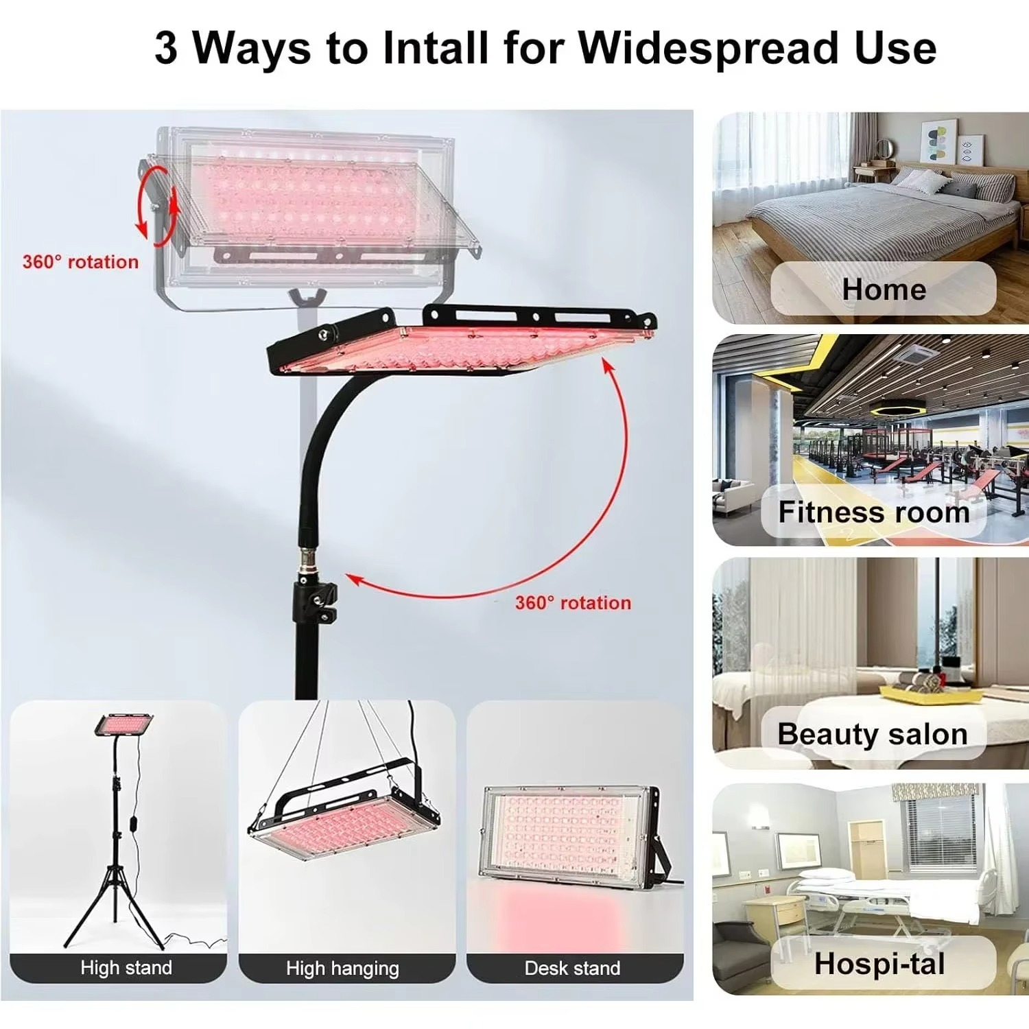 Versatile red light therapy lamp with 360-degree rotation options for home, beauty salon, and fitness use