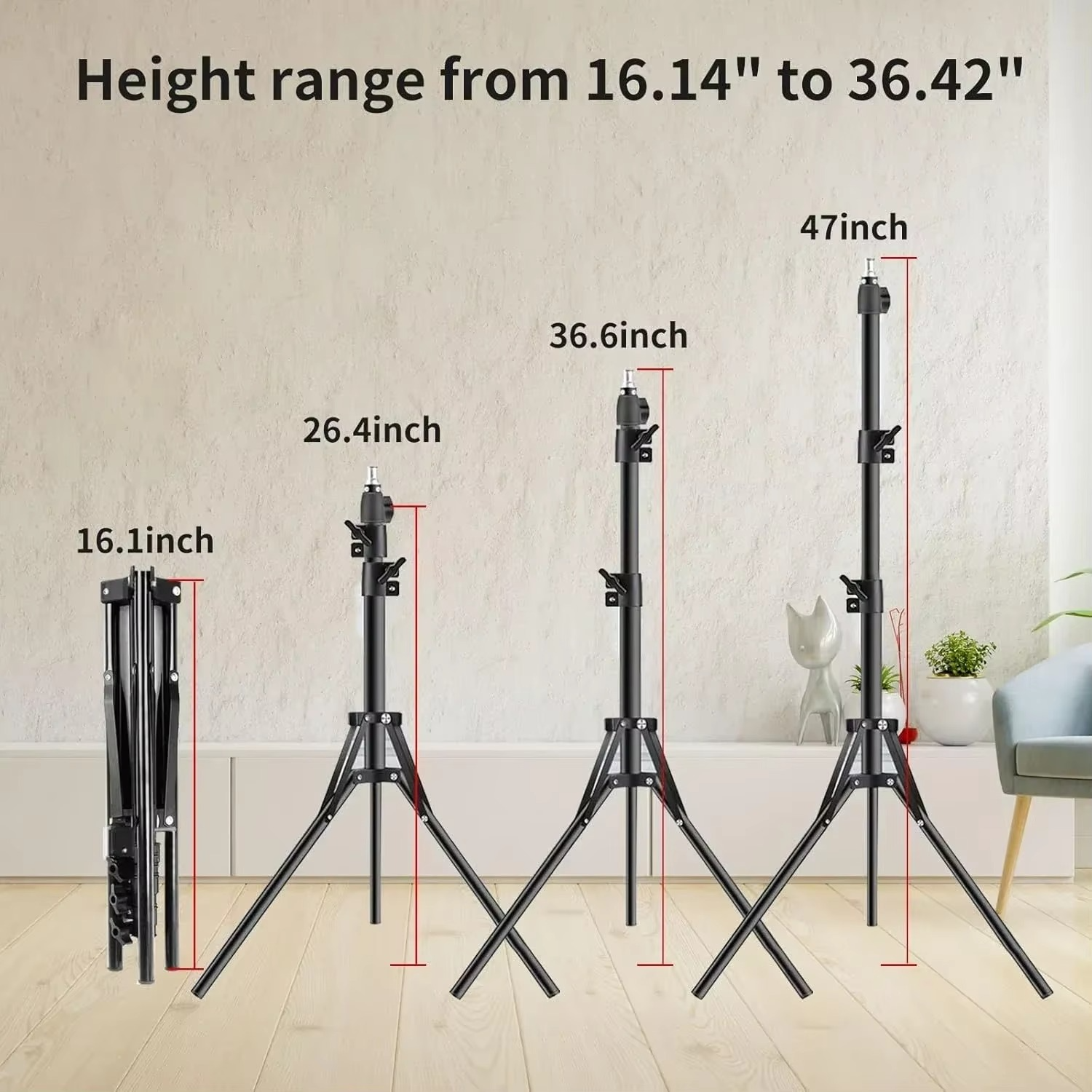 Adjustable tripod stand for red light therapy lamp with height range from 16.14 inches to 47 inches