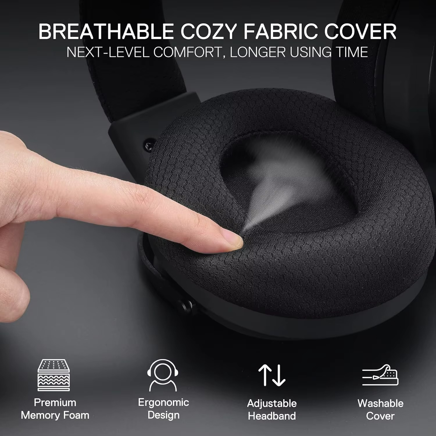 Close-up of Redragon H858 wireless headset featuring breathable fabric cover and memory foam for comfort