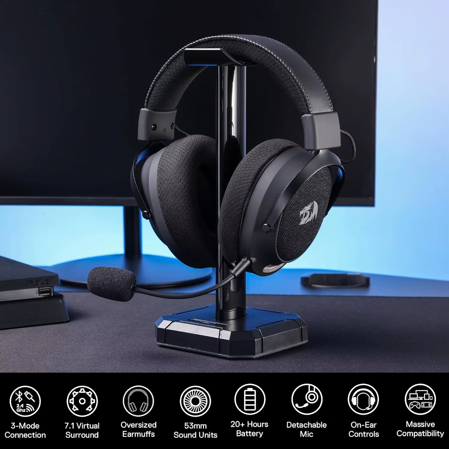 Redragon H858 wireless headset with 53mm sound units and 20+ hours battery life on display