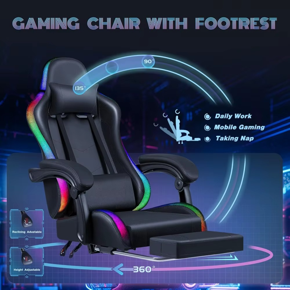 Magazaw RGB gaming chair with lights and footrest, adjustable for gaming and napping