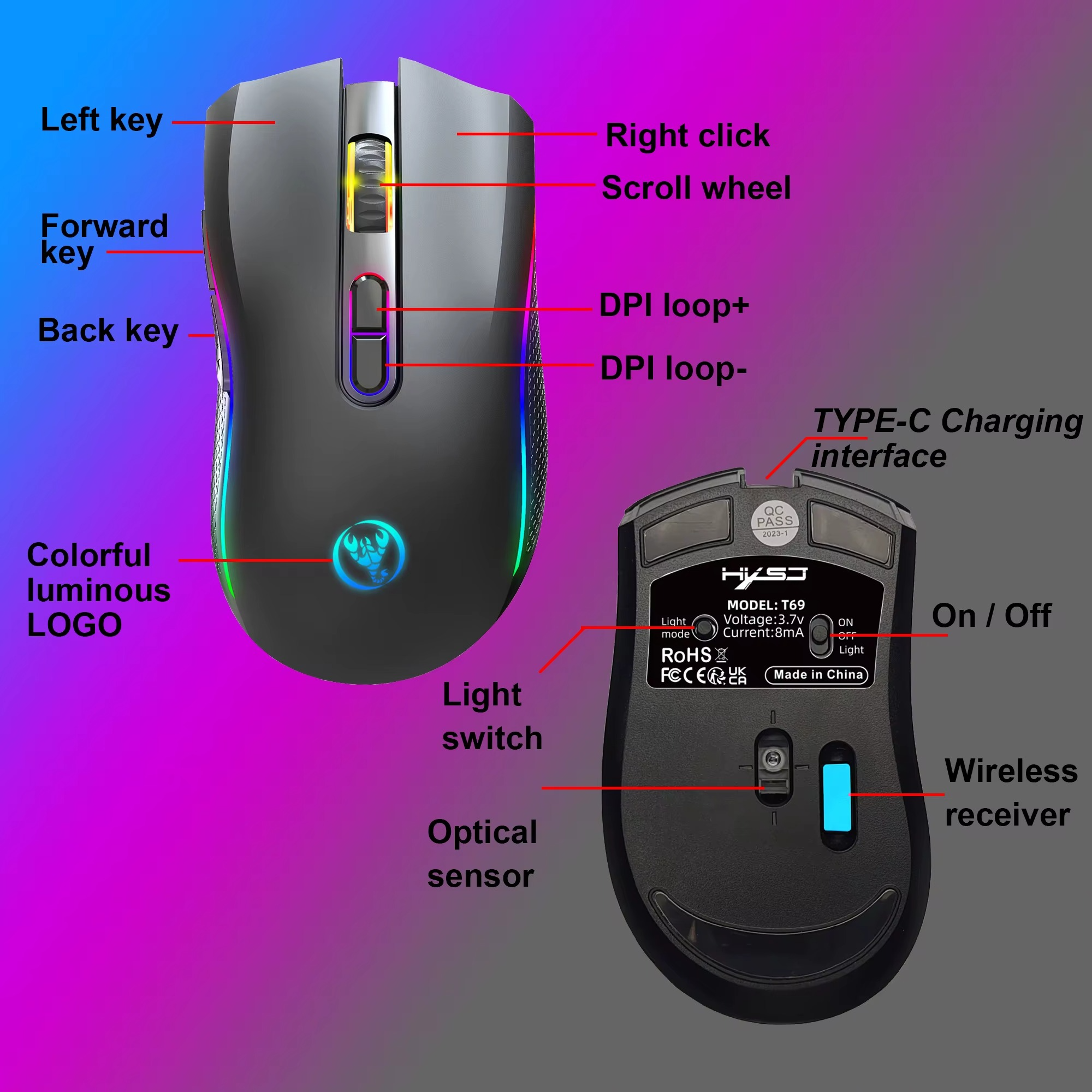 Magazaw Rechargeable RGB gaming mouse featuring customizable buttons and a colorful luminous logo