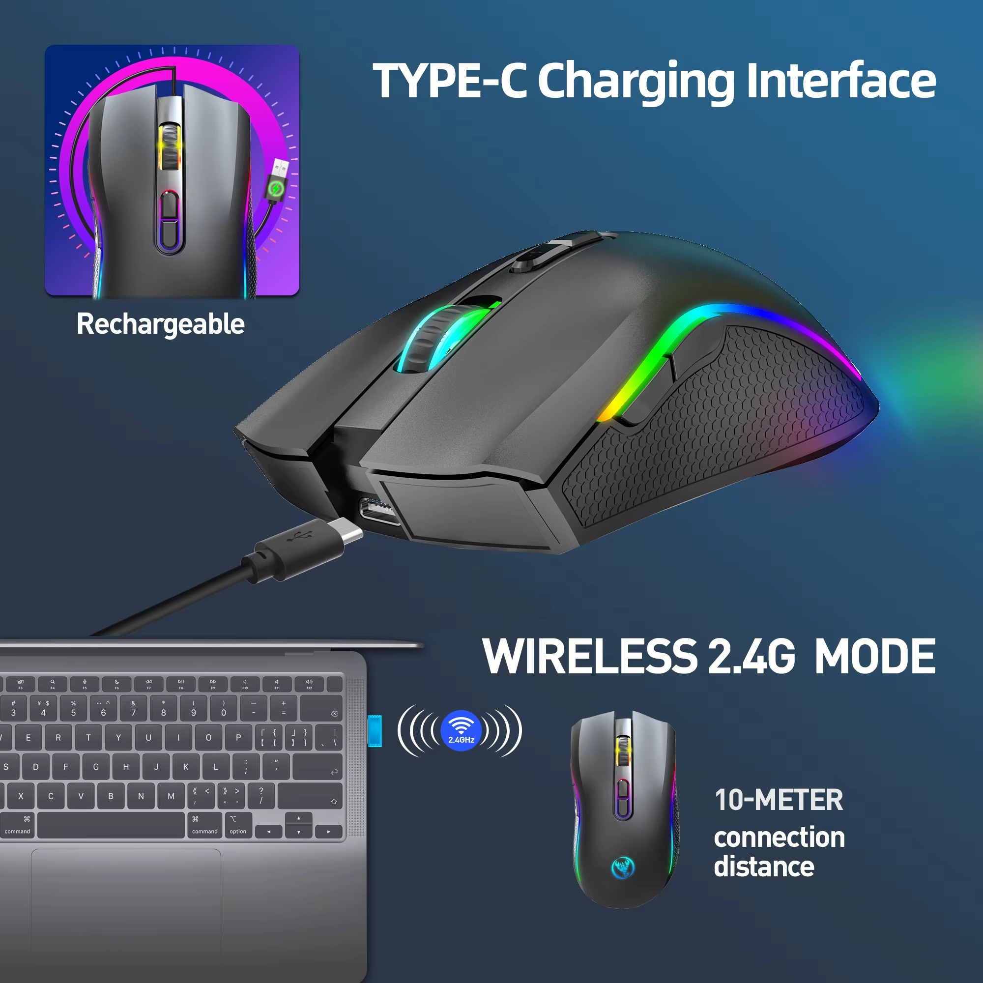 Magazaw™ Rechargeable RGB gaming mouse with Type-C charging and wireless 2.4G mode for seamless connectivity