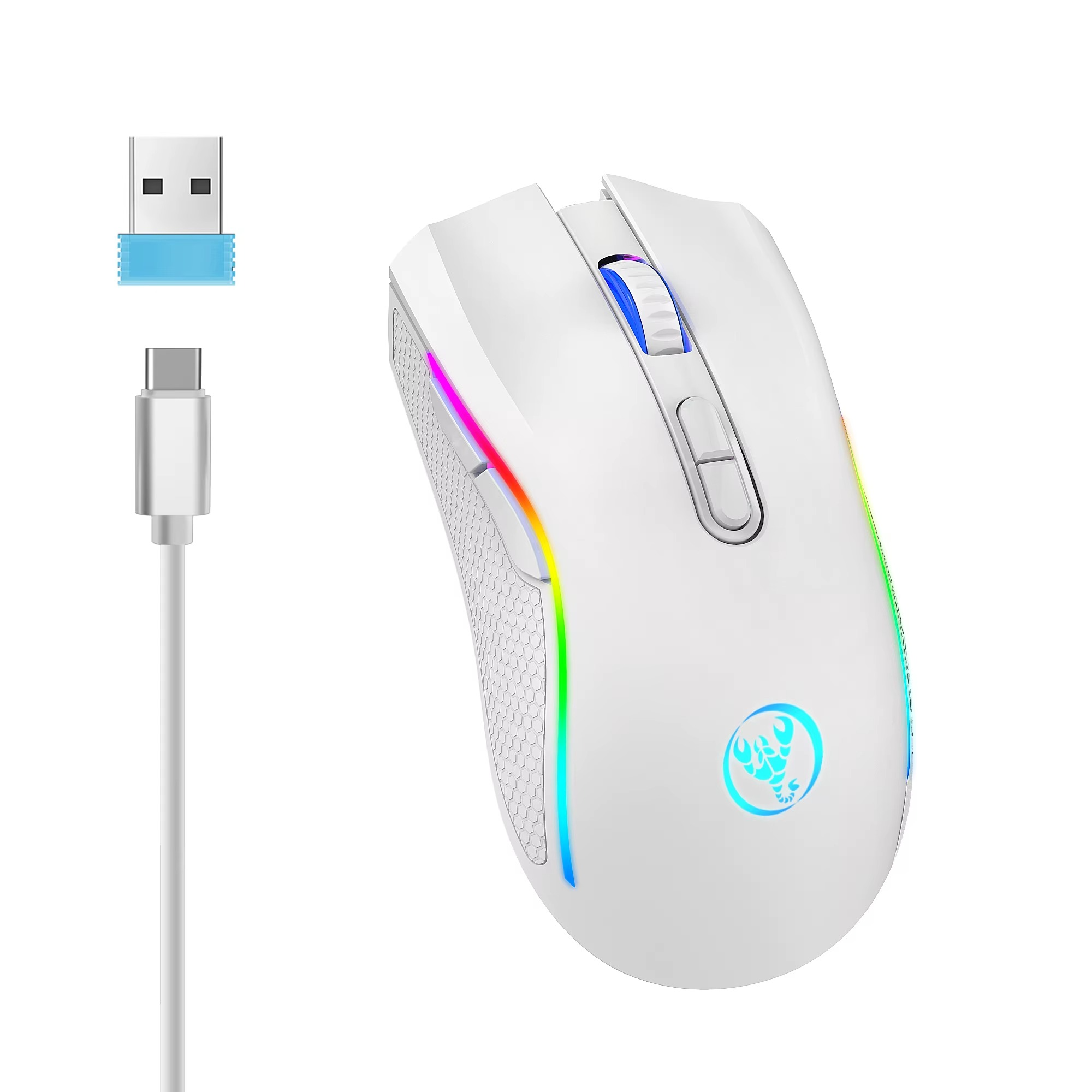 Magazaw Rechargeable RGB gaming mouse in white with customizable RGB lighting and USB-C cable