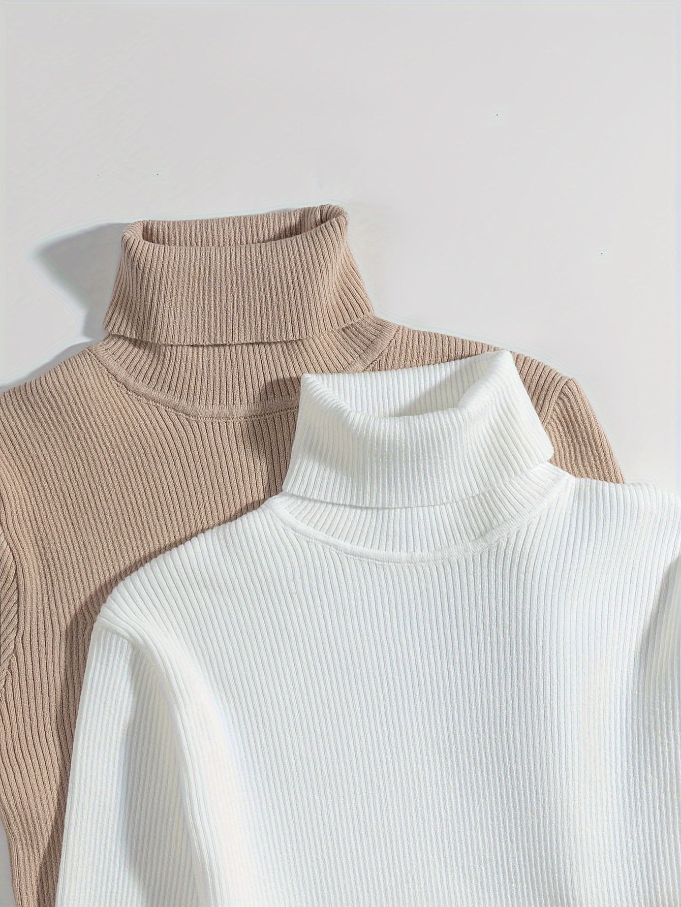 Voocci slim fit turtleneck tee in beige and white ribbed fabric for stylish layering