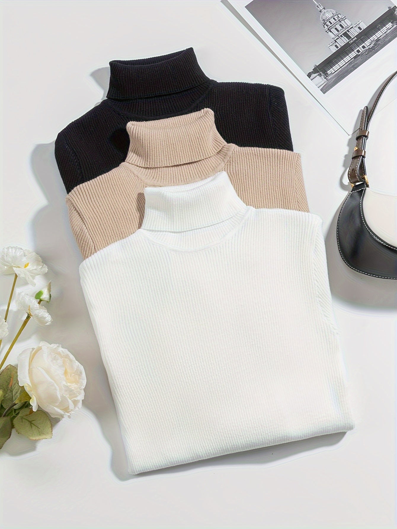Voocci slim fit turtleneck tee available in black, beige, and white colors for a stylish look