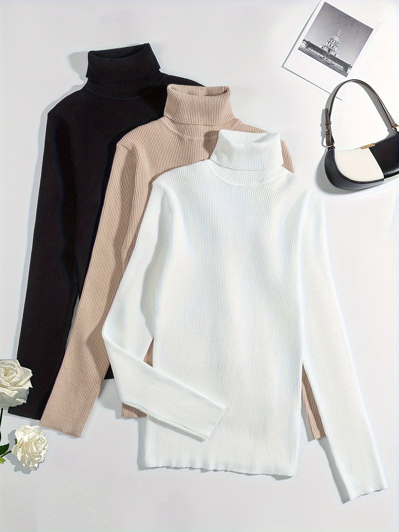 Voocci slim fit turtleneck tee available in black, beige, and white for versatile styling