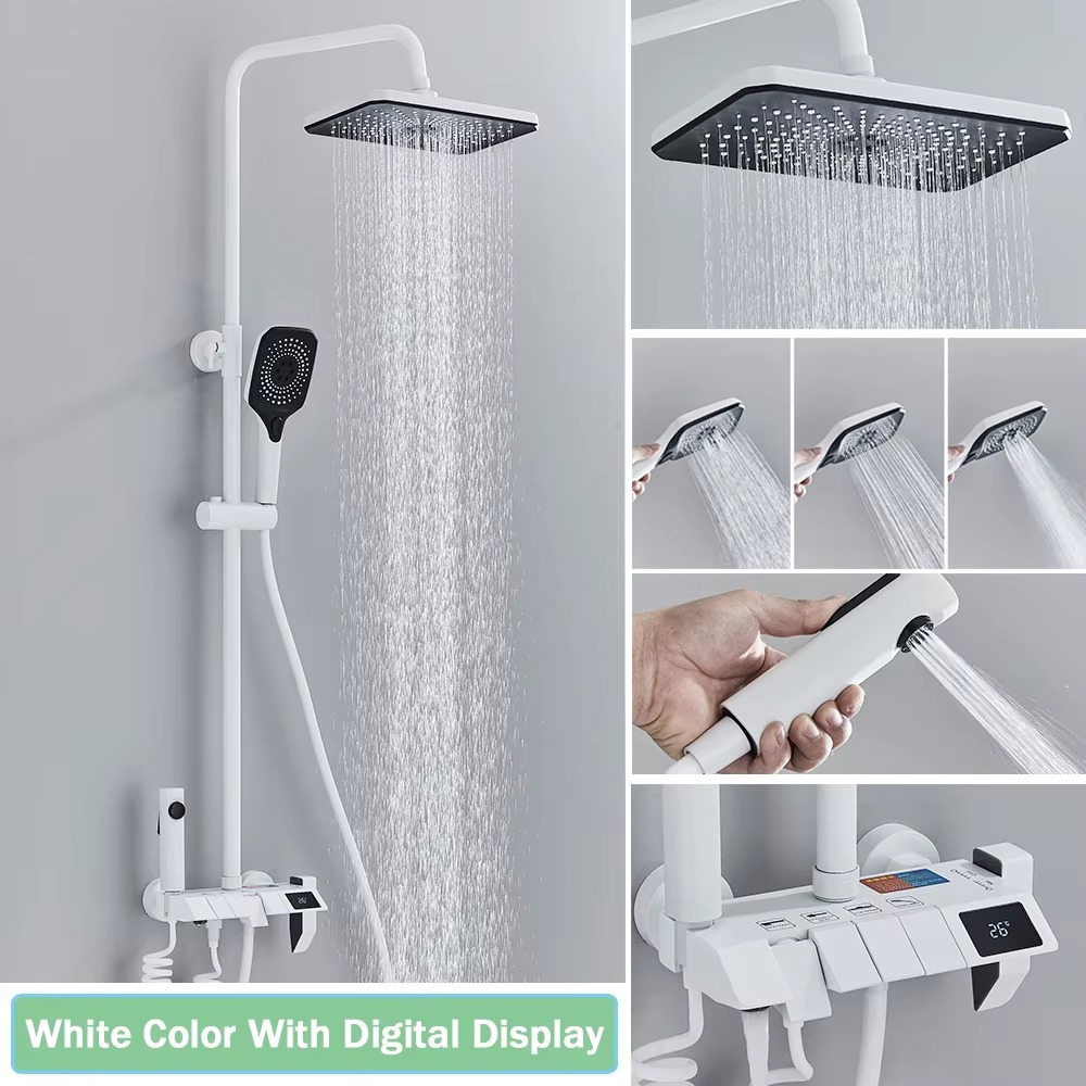 Magazaw smart digital shower faucet in white with a digital display and adjustable showerhead