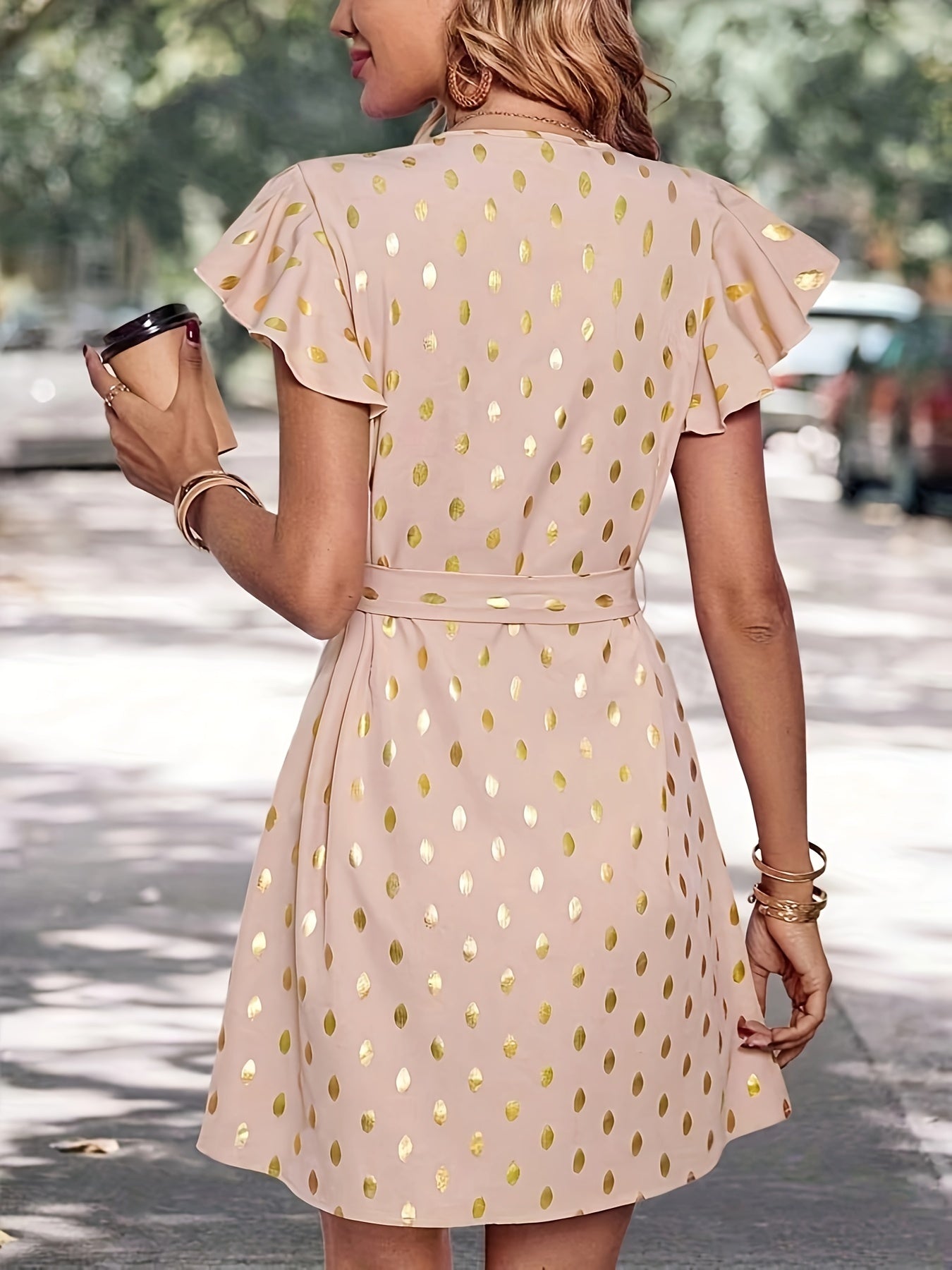 Voocci spring summer women's dress in pink with gold polka dots and short ruffled sleeves