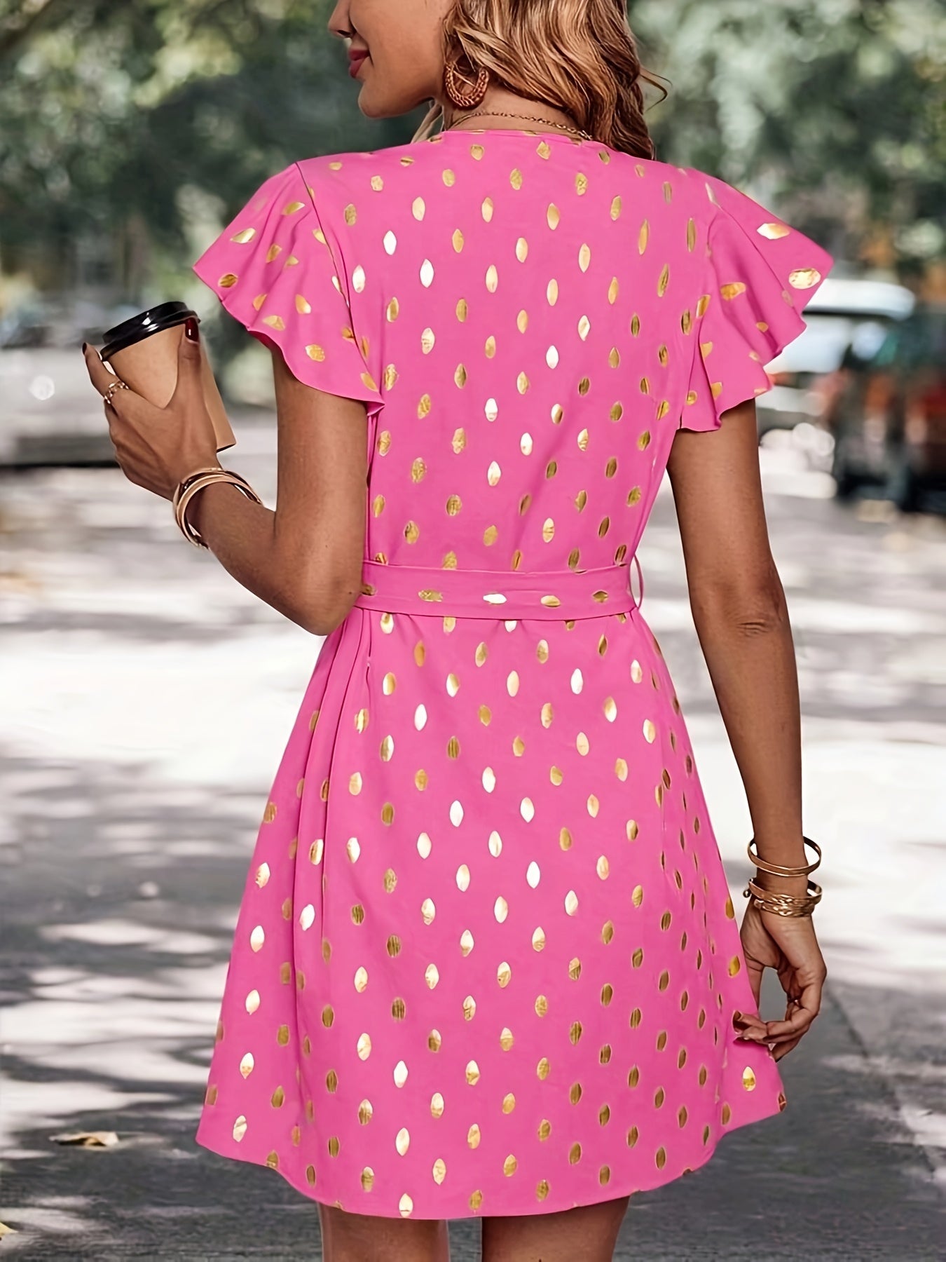 Voocci spring summer women's dress in pink with gold polka dots and flutter sleeves
