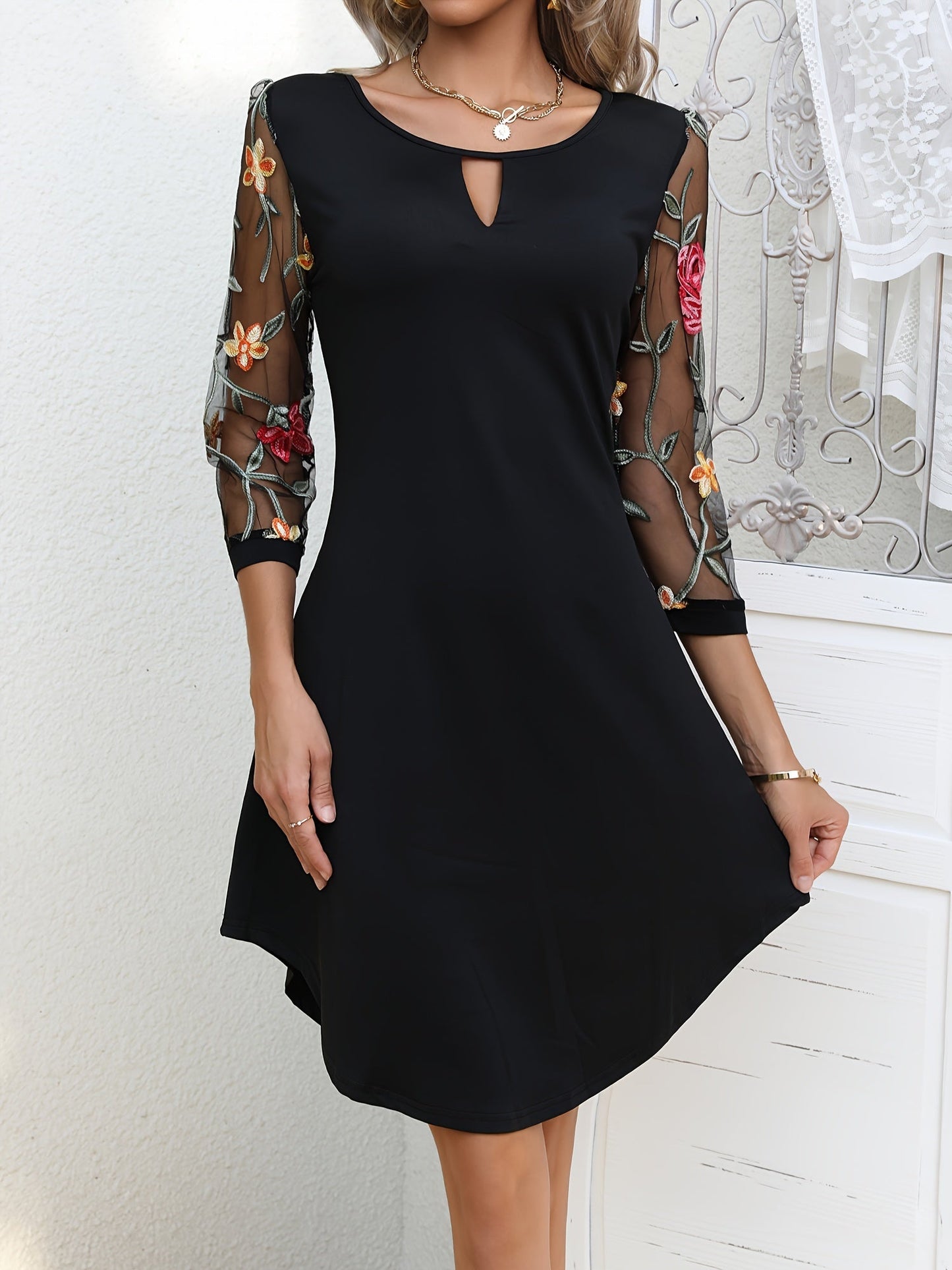 Voocci three-quarter sleeve floral dress in black with embroidered floral details on sheer sleeves