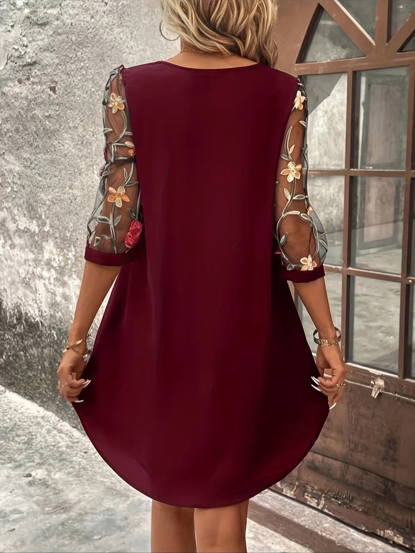 Voocci three-quarter sleeve floral dress in burgundy with sheer embroidered sleeves and a relaxed fit