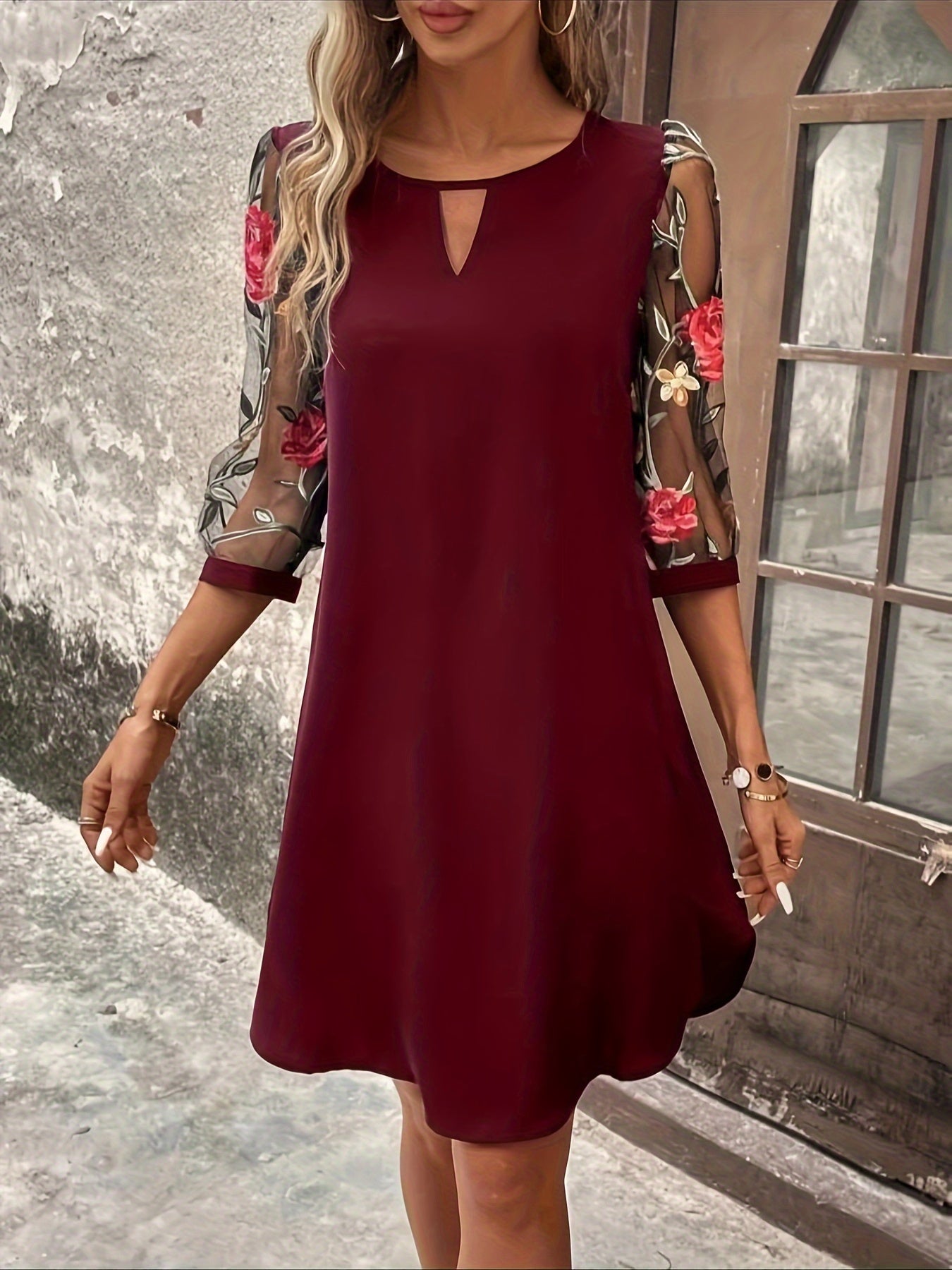 Voocci three-quarter sleeve floral dress in burgundy with floral embroidered sleeves for stylish outfits