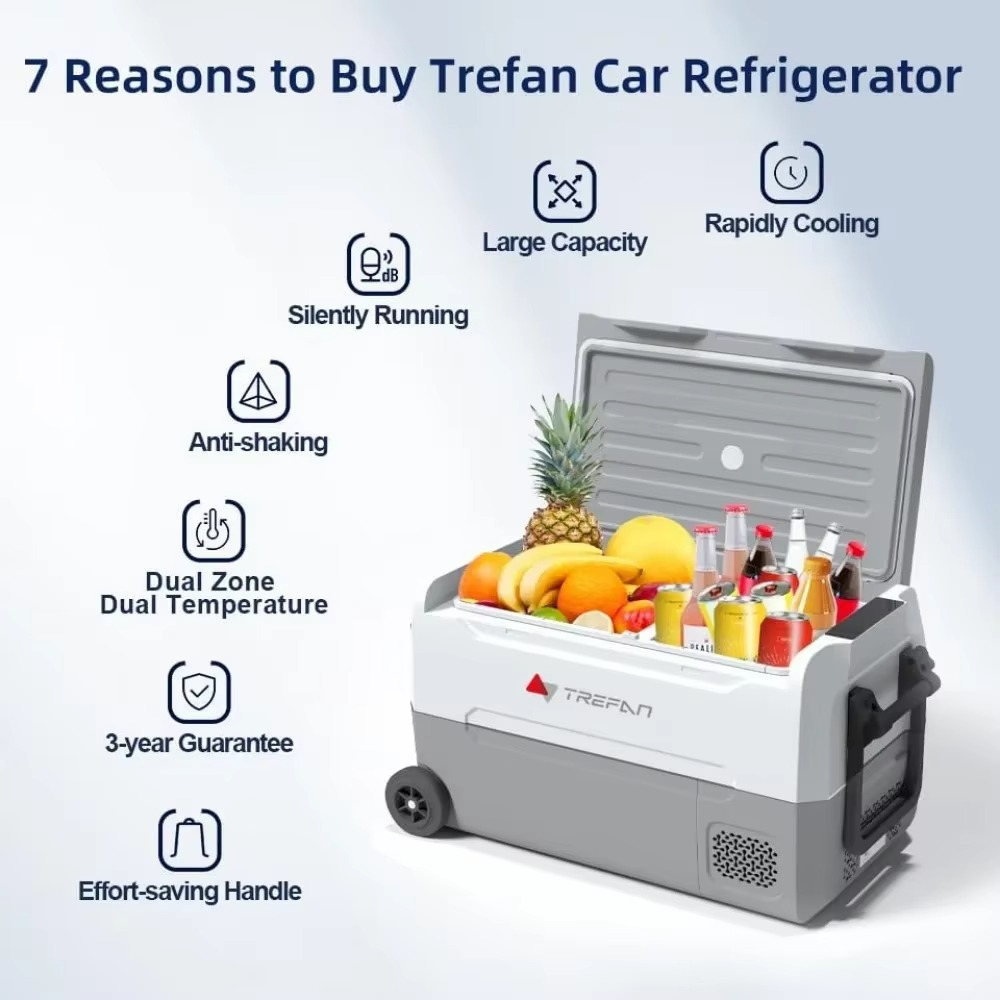 Magazaw portable car refrigerator 12V with large capacity, dual zone temperature, and rapidly cooling features