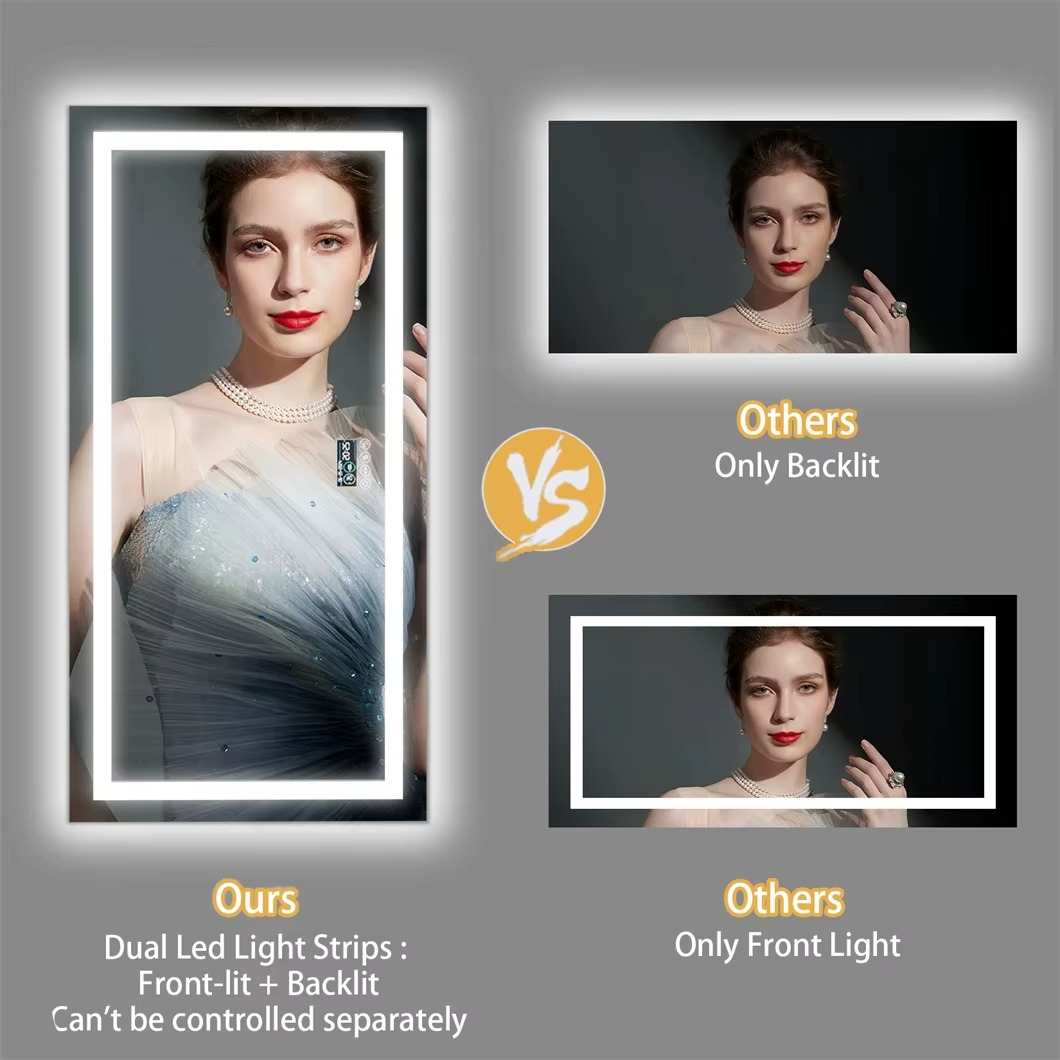 XXL smart vanity mirror with Bluetooth featuring dual LED light strips for optimal lighting control