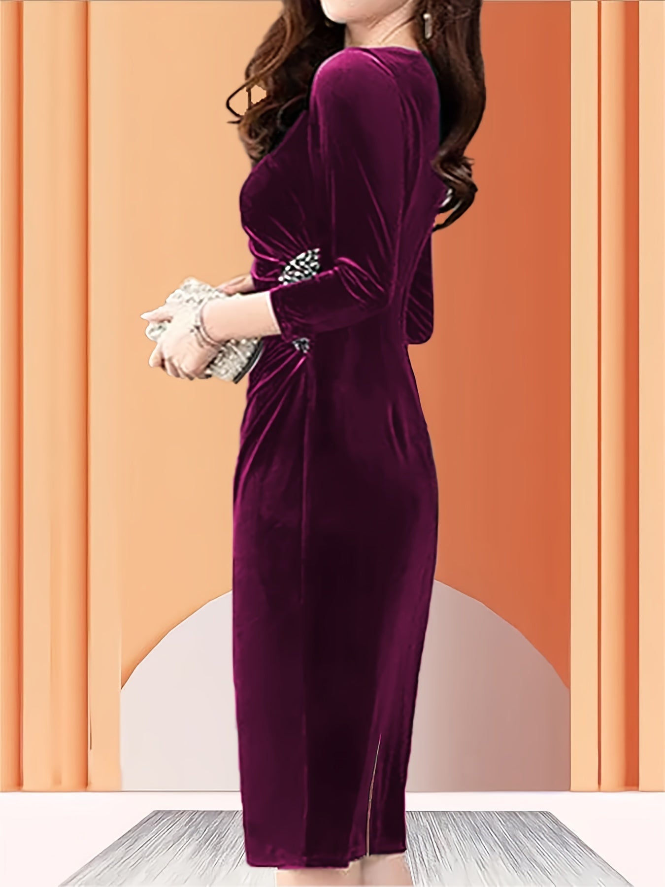 Elegant Voocci™ Velvet Zipper Slit Dress in Burgundy for Stylish Evening Wear