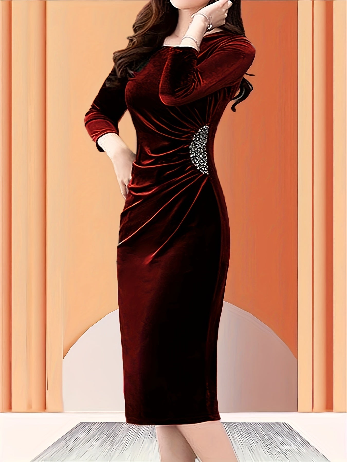 Voocci™ Velvet Zipper Slit Dress in Burgundy with Stylish Side Details for Elegant Occasions
