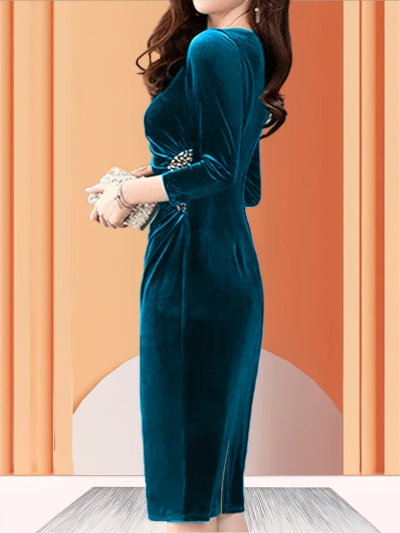 Elegant teal Voocci™ velvet zipper slit dress with long sleeves and a figure-flattering silhouette