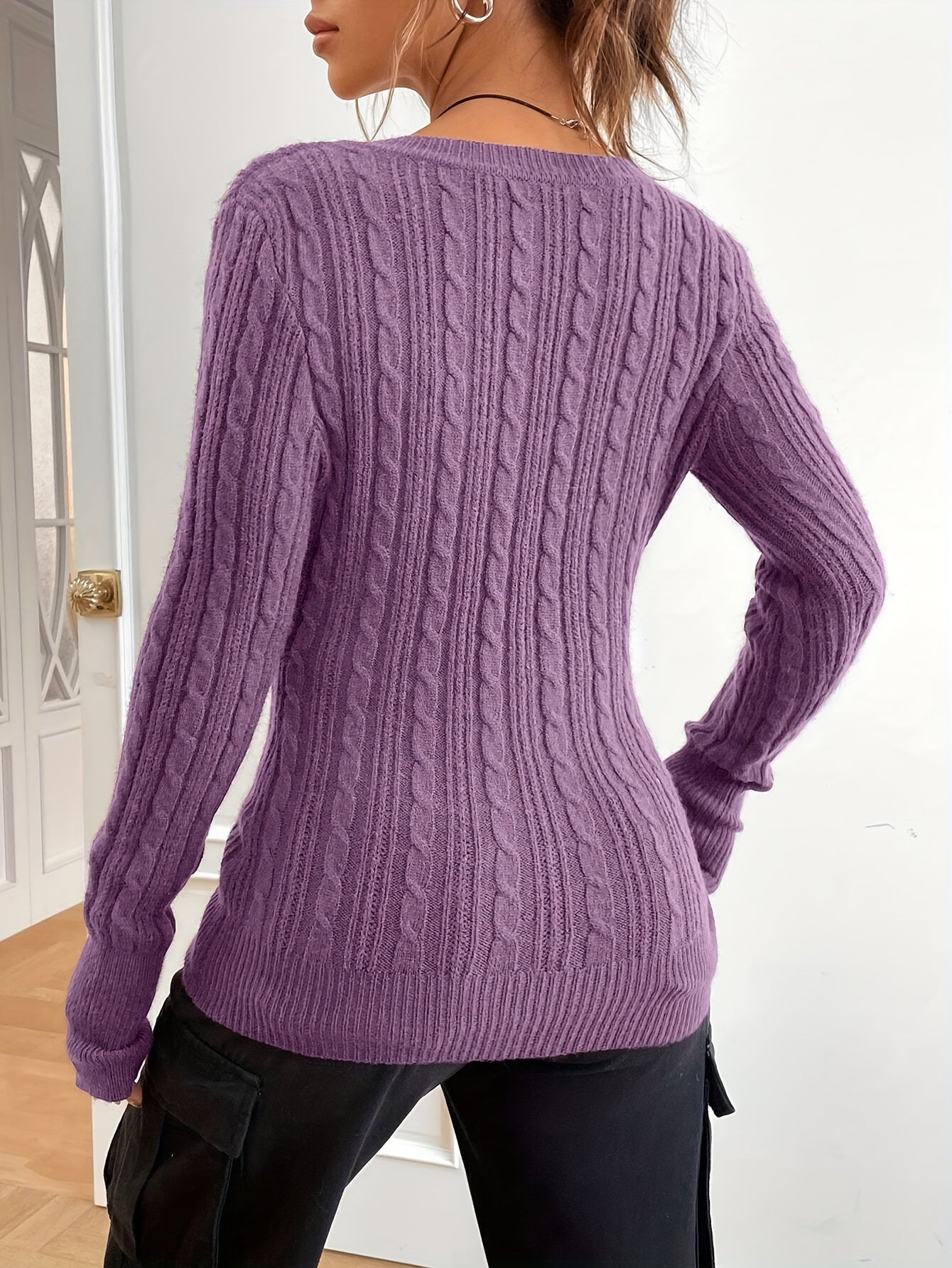Voocci women's casual sweater spring in purple with cable knit design for a comfortable look