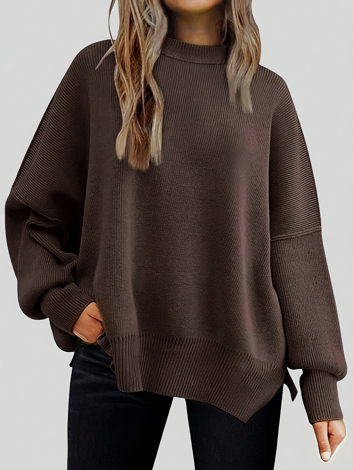 Voocci women's drop shoulder knit sweater in brown with a relaxed fit and long sleeves