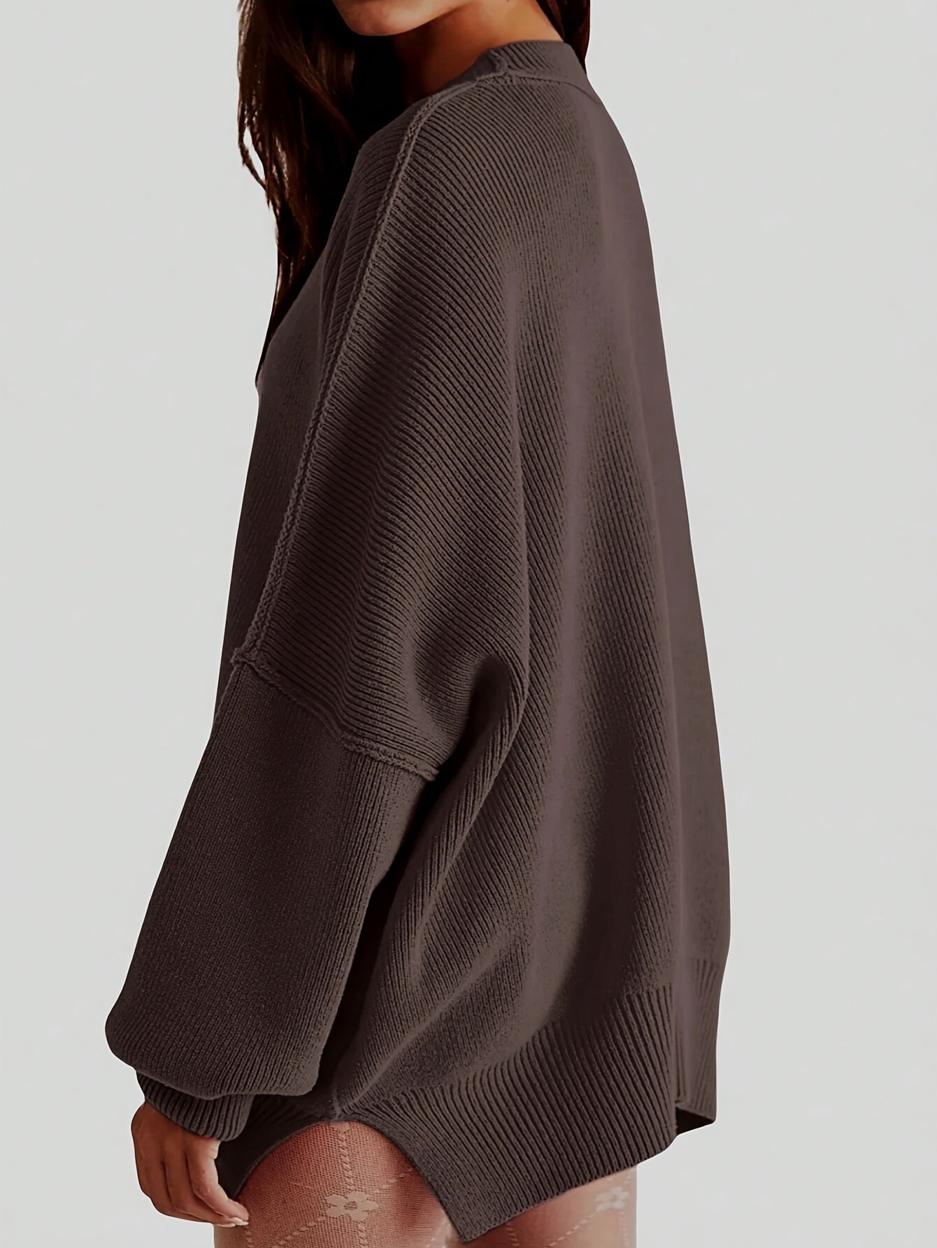 Voocci women's drop shoulder knit sweater in brown with a relaxed fit and textured fabric