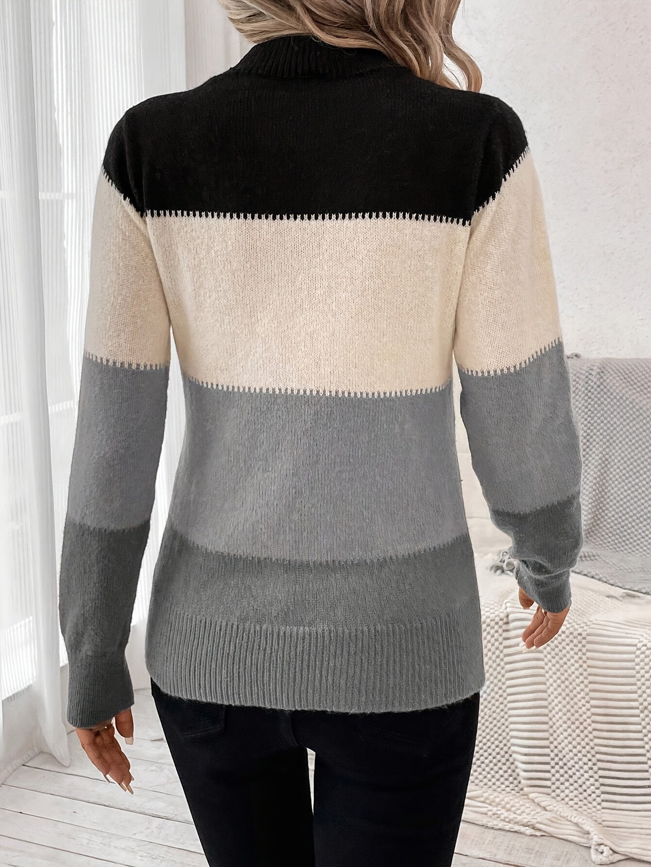 Voocci women's knitted pullover sweater in color block style, featuring gray and black stripes
