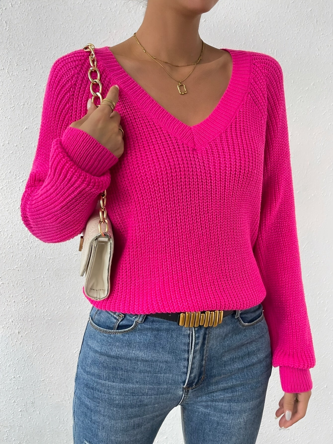 Voocci women's raglan sleeve sweater in vibrant pink with a V-neck design, perfect for casual wear