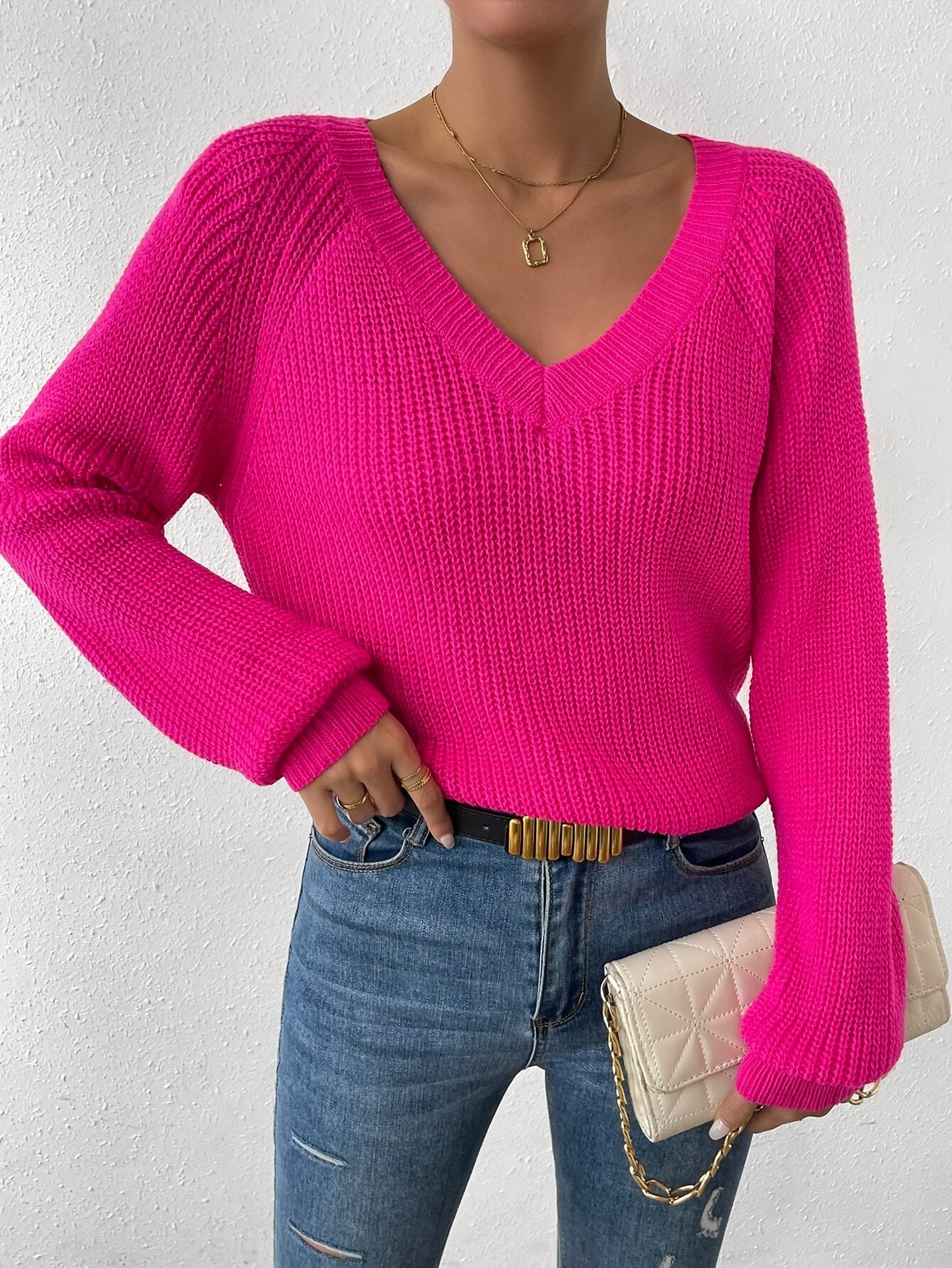 Voocci™ women's raglan sleeve sweater in vibrant pink with a V-neck style and long sleeves