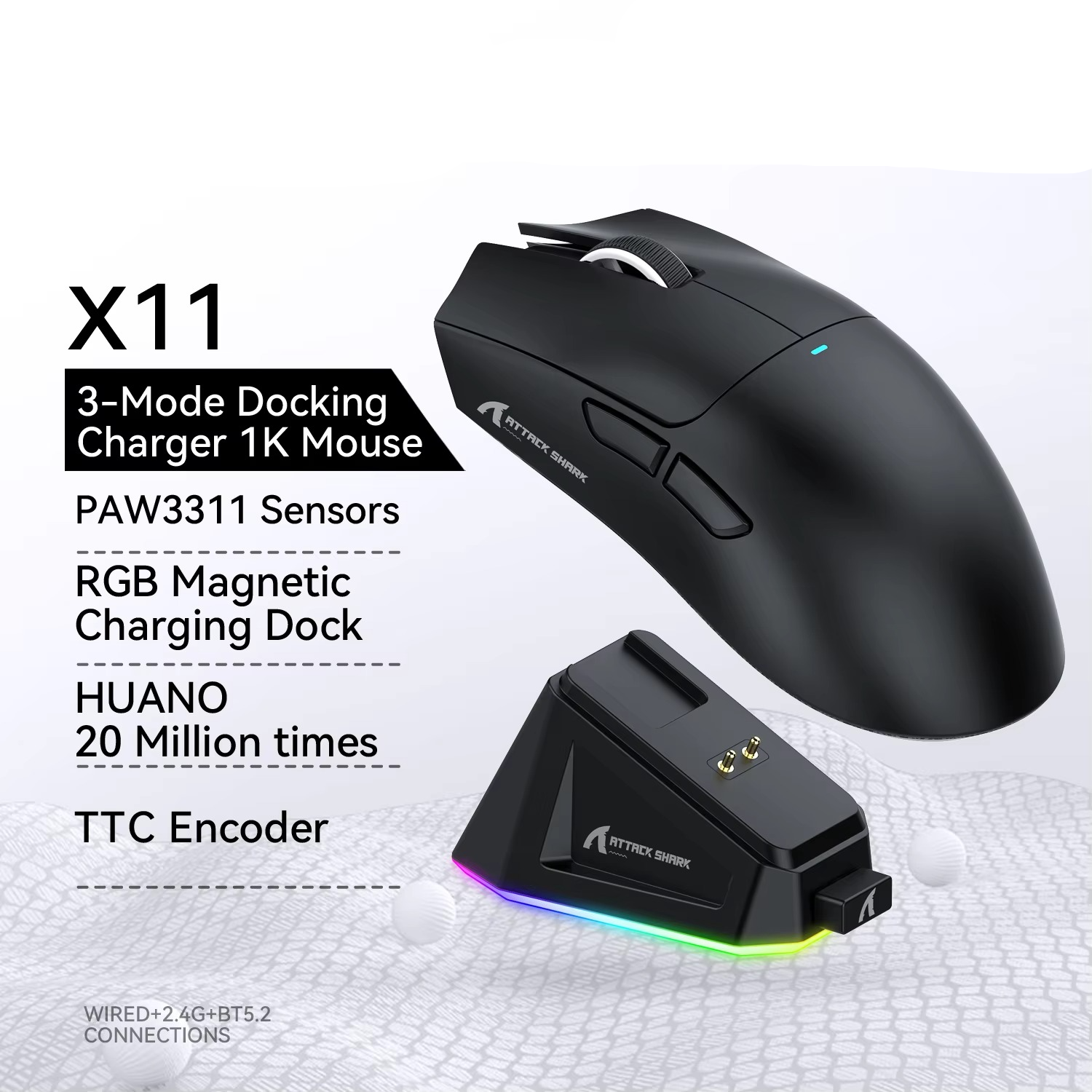 Magazaw X11 gaming mouse with RGB charging dock and PAW3311 sensors for precise performance