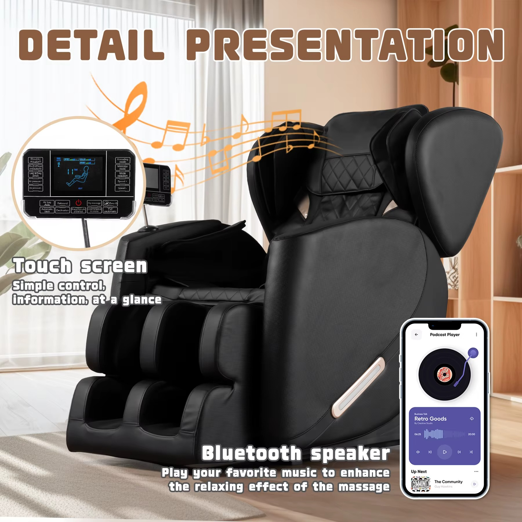 Magazaw zero gravity massage chair featuring Bluetooth speaker and touch screen controls