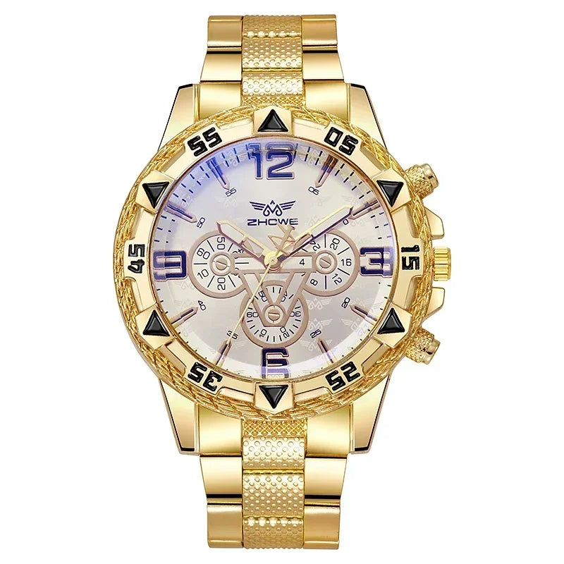 Voocci™ classic business wristwatch in gold with intricate dial and durable band