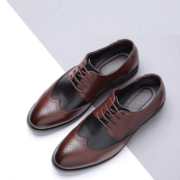 Pair of premium men's leather shoes in polished brown and black wingtip design on white background