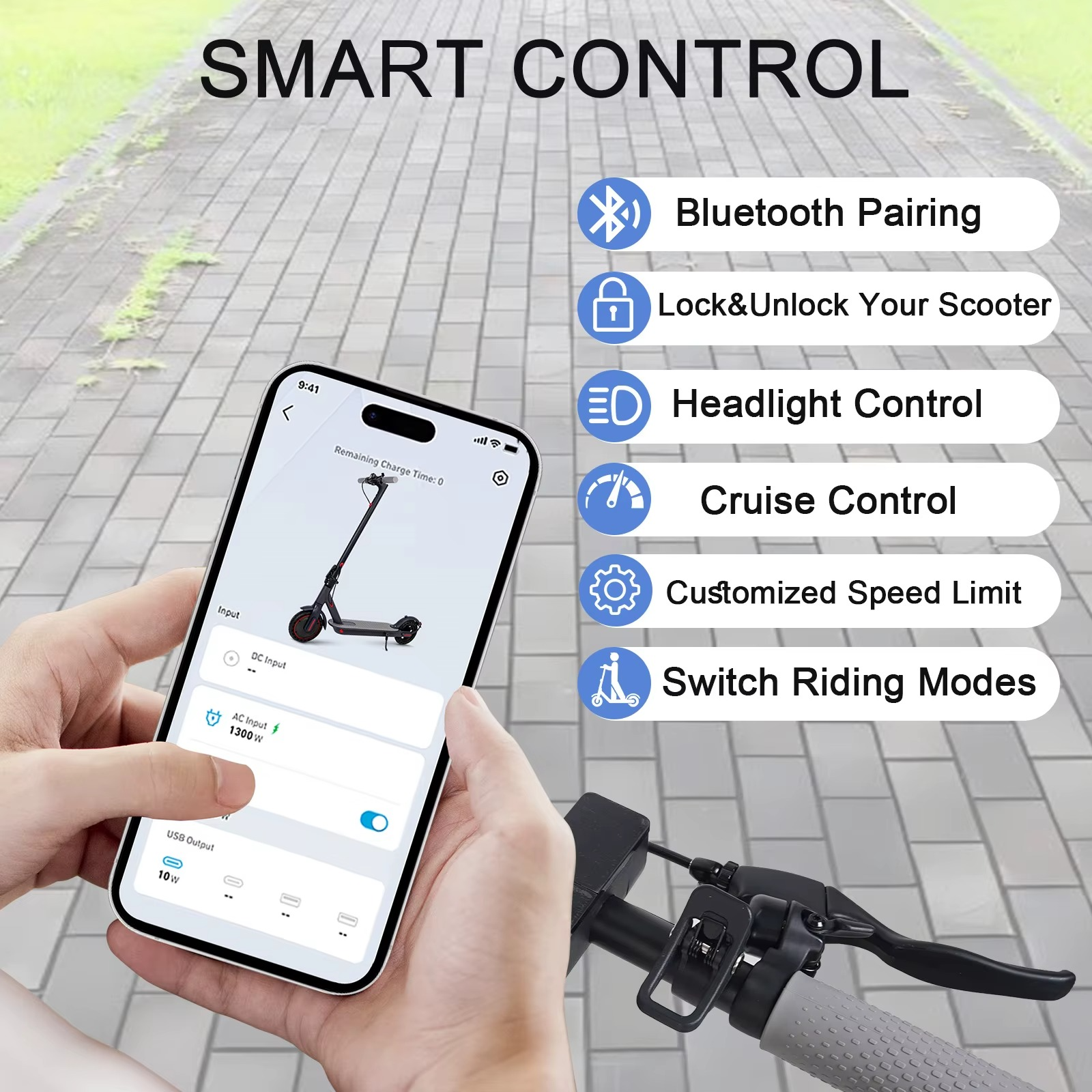 User operating 350W foldable electric scooter via smartphone app for smart controls