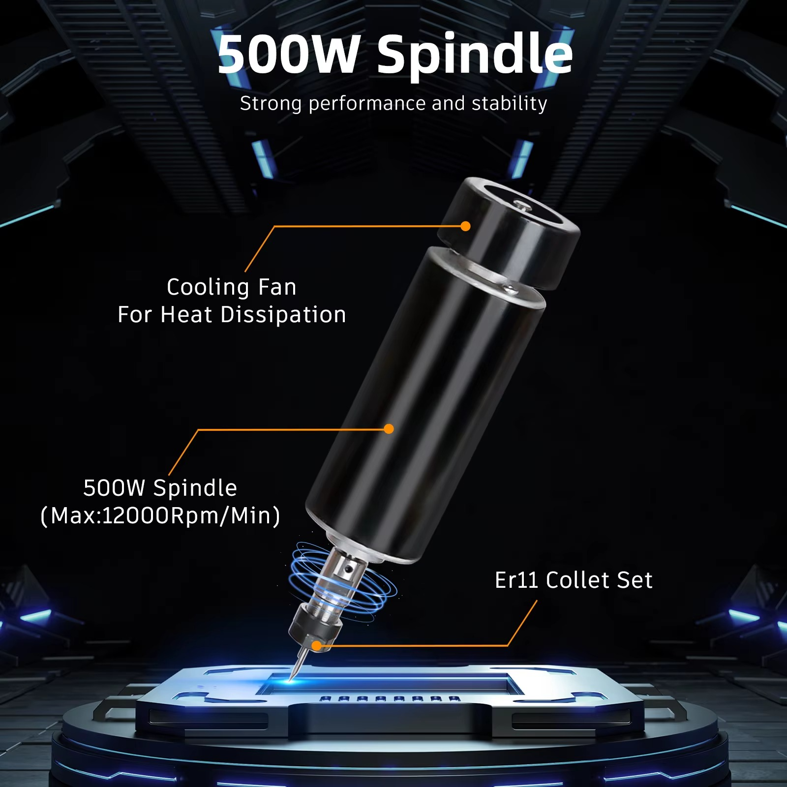 500W CNC milling machine spindle with cooling fan and ER11 collet set for high performance