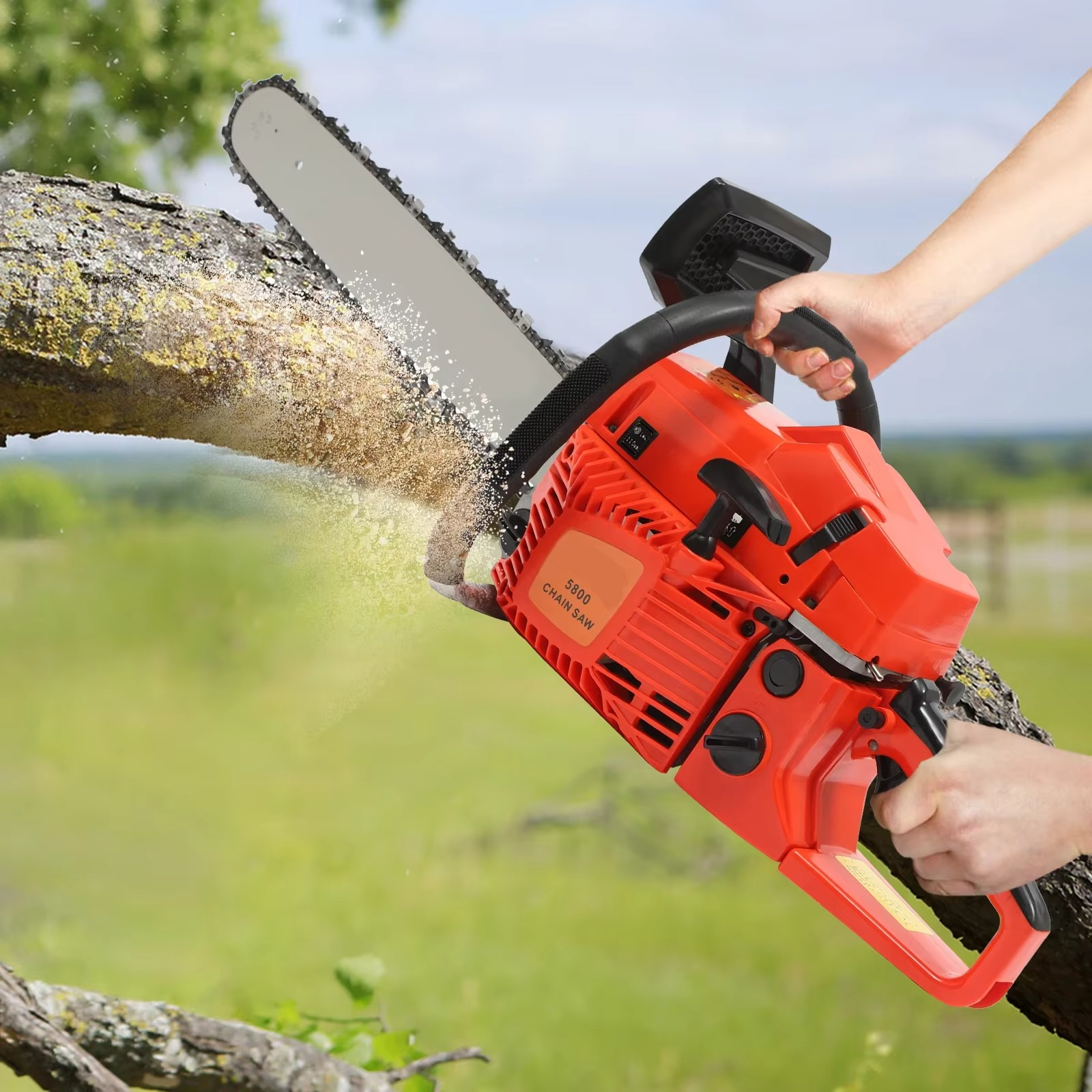 Magazaw™ 52cc petrol chainsaw cutting through a tree branch in an outdoor setting