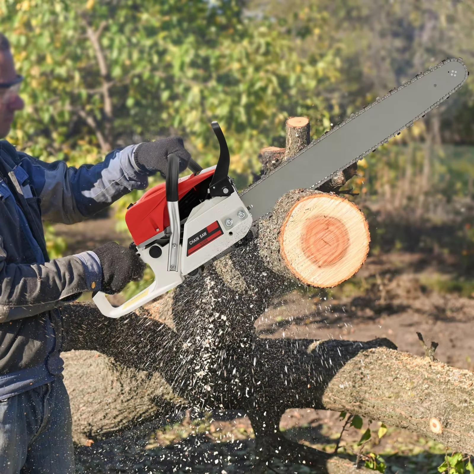 Magazaw™ 52cc petrol chainsaw cutting through a tree log with sparks flying