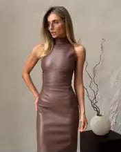European & American Style PU Leather Sleeveless Slim Fit Split Dress – Stand Collar, Solid Color