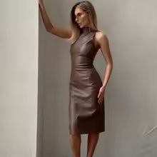 European & American Style PU Leather Sleeveless Slim Fit Split Dress – Stand Collar, Solid Color