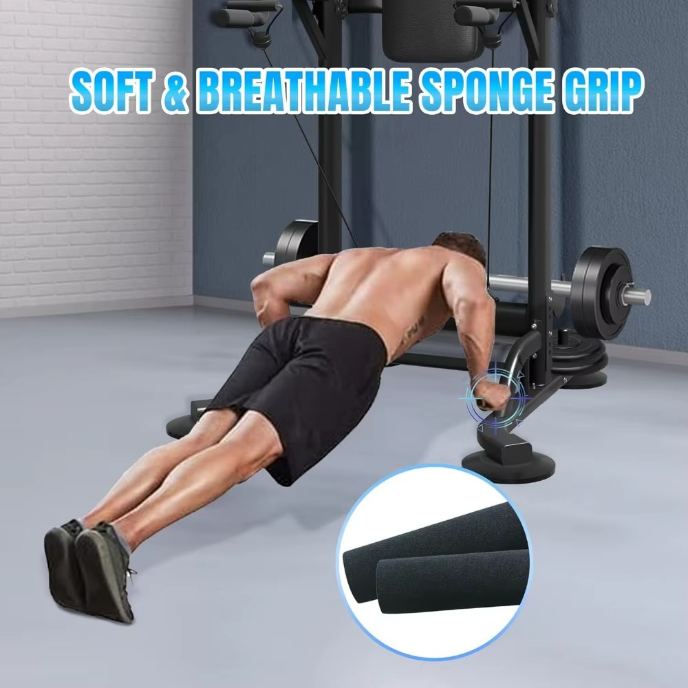 Man using adjustable power tower home gym with soft breathable sponge grip for comfortable workouts