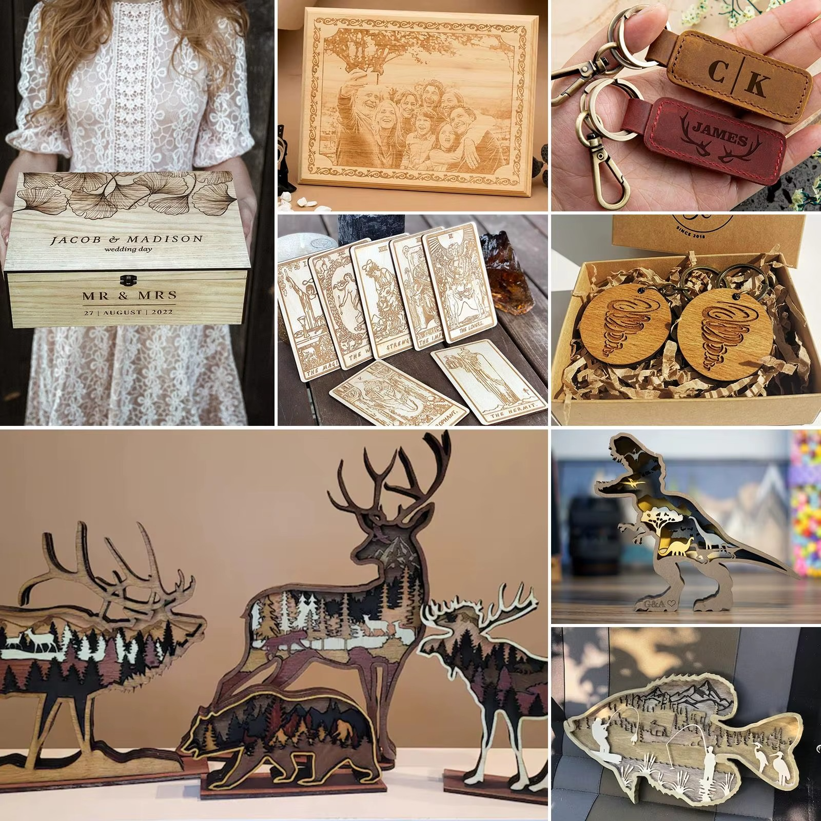 Magazaw 5W laser engraver machine displaying various custom engraved wooden items