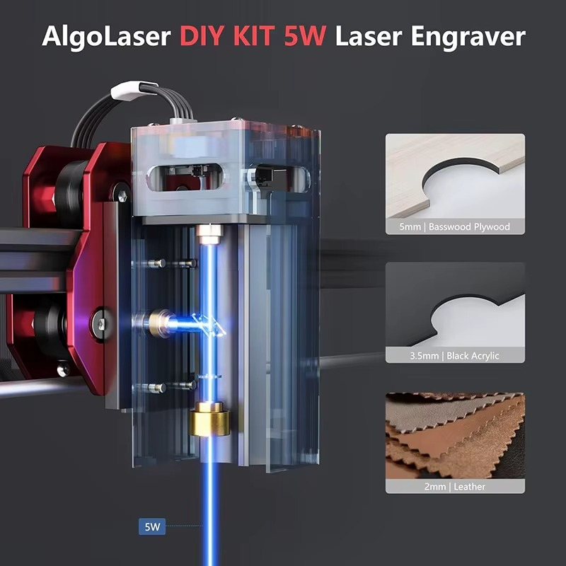 Magazaw DIY laser engraver kit showing laser module and materials like plywood and acrylic