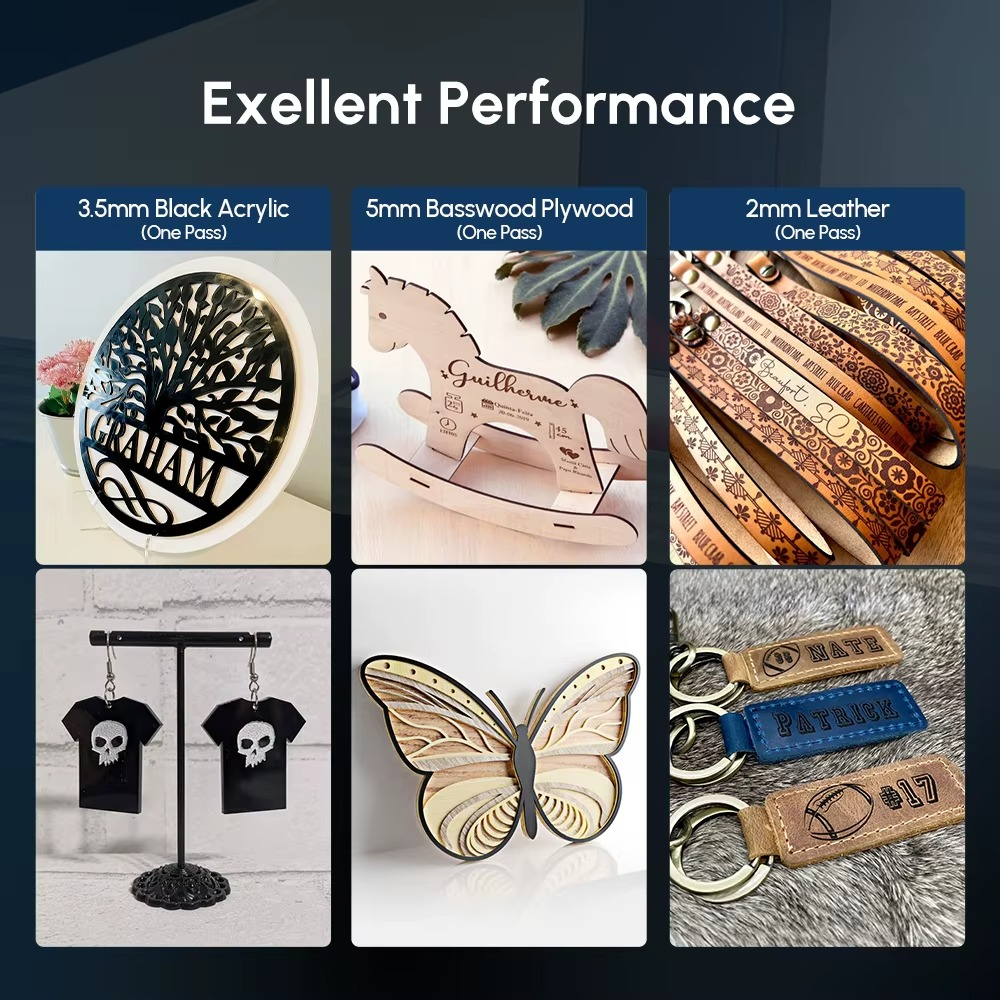 Magazaw DIY laser engraver kit showcasing designs on acrylic, wood, and leather materials