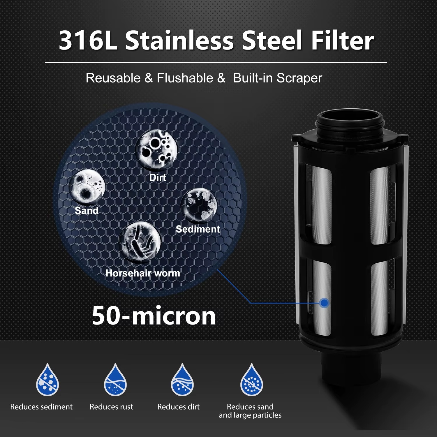 316L Stainless Steel Whole House Water Filter with 50-micron mesh, reusable and flushable design