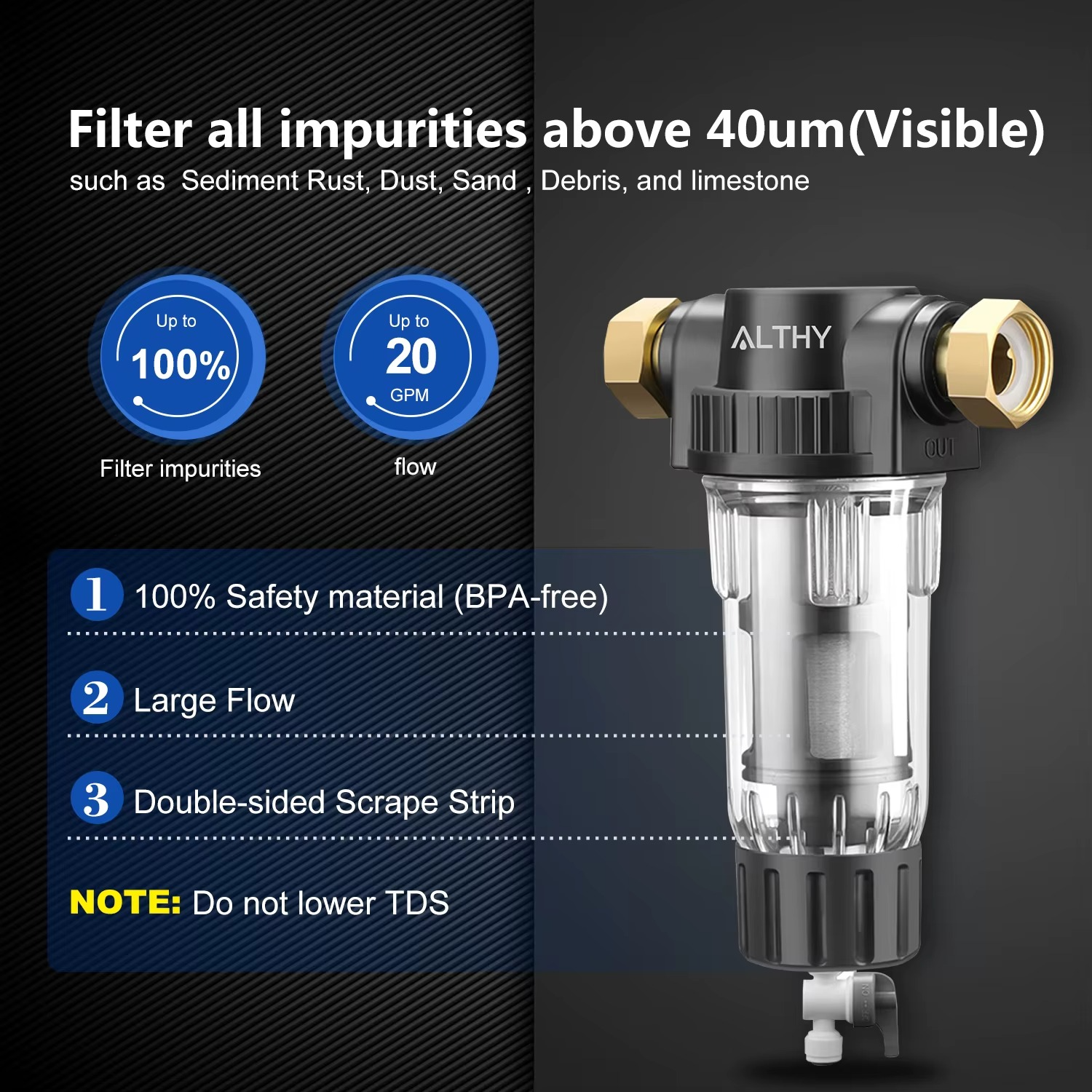 Magazaw whole house water filter with large flow capacity and double-sided scrape strip for efficient filtration
