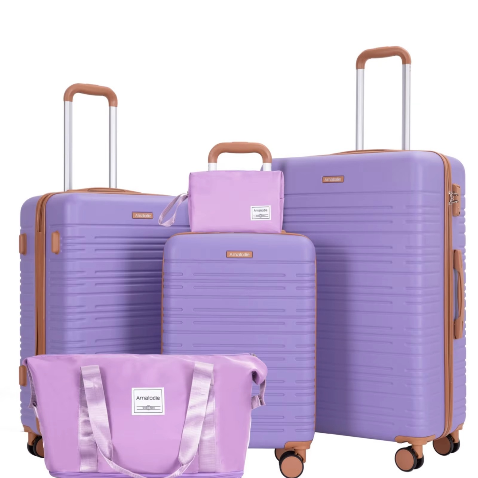 Magazaw 5-piece luggage set in lavender with various sizes and a matching duffel bag