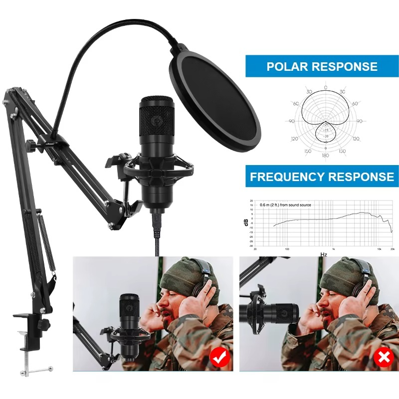 BM800 condenser mic studio kit with adjustable arm and pop filter for professional audio recording